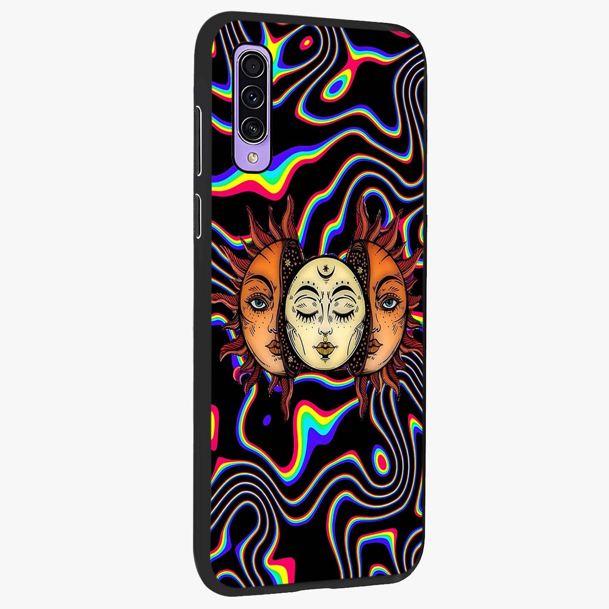 Psychedelic Sun Glass Case upright view showcasing trippy sun artwork with bold psychedelic theme.