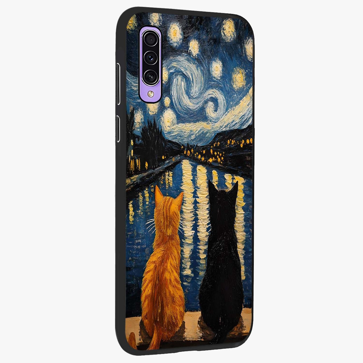 Starry River Cats Glass Case upright view showcasing adorable cat artwork with magical river and stars theme.