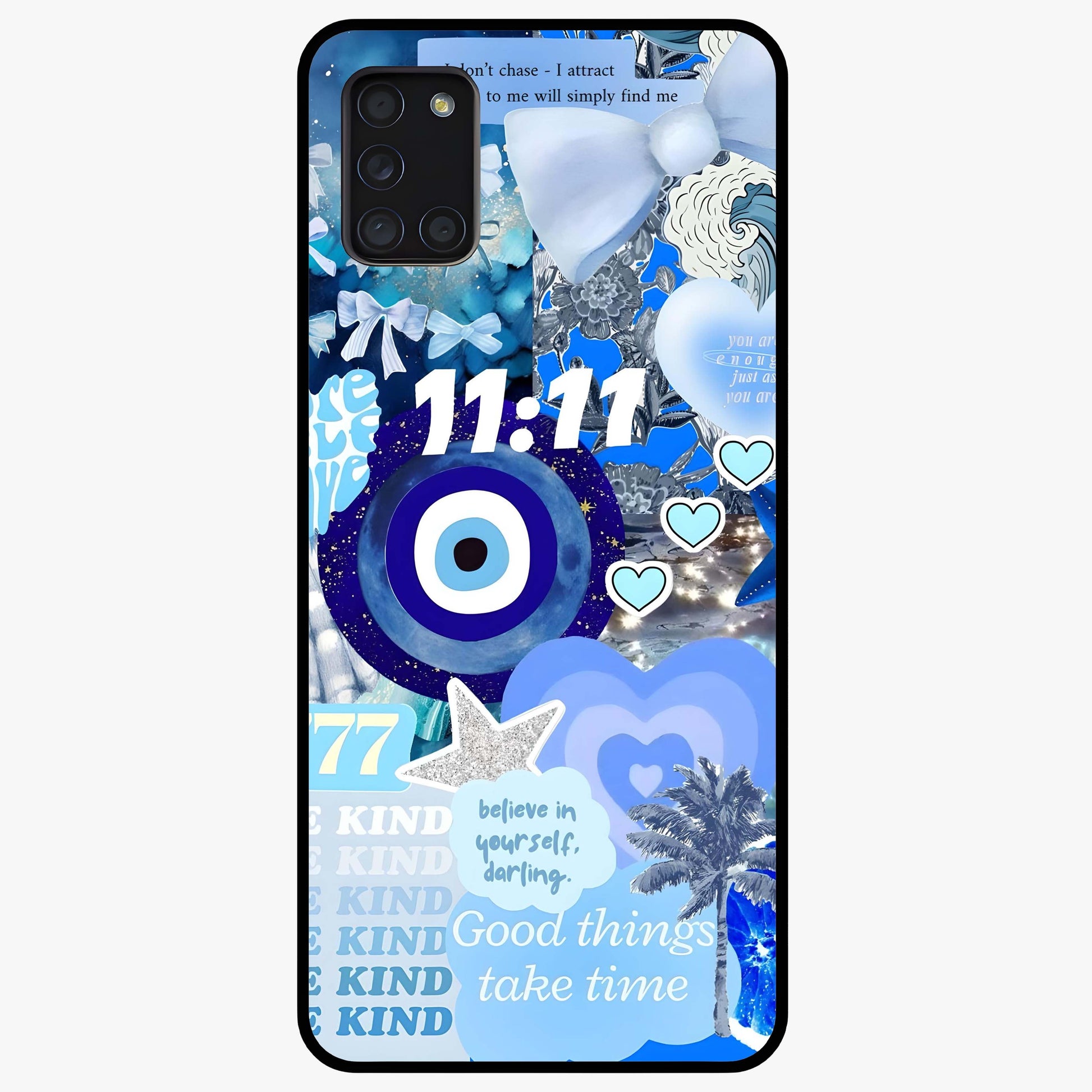 Aesthetic Be Kind Eye Glass Case showing flat back view with motivational eye artwork and glossy glass finish.