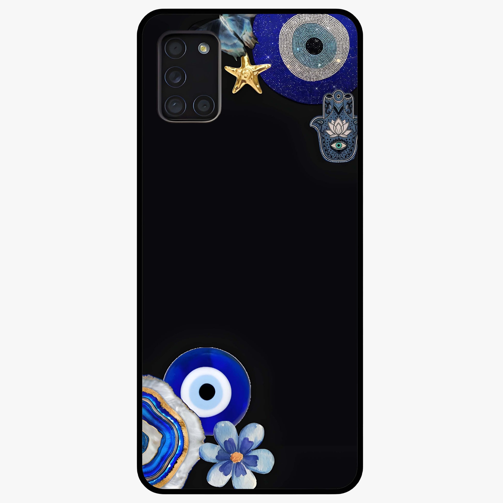Aesthetic Blue Evil Eye Glass Case showing flat back view with protective evil eye artwork and glossy glass finish.