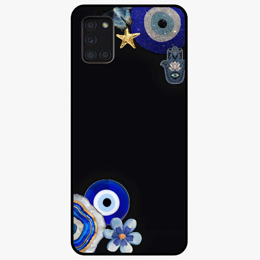 Aesthetic Blue Evil Eye Glass Case showing flat back view with protective evil eye artwork and glossy glass finish.