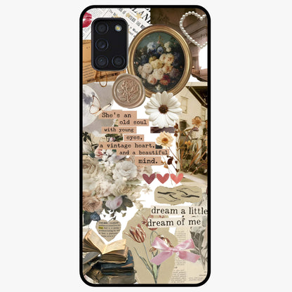Aesthetic Brown Vintage Collage Glass Case showing flat back view with retro collage artwork and glossy glass finish.