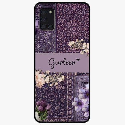 Antique Floral Whisper Custom Name Glass Case showing flat back view with vintage floral artwork and personalized name design.