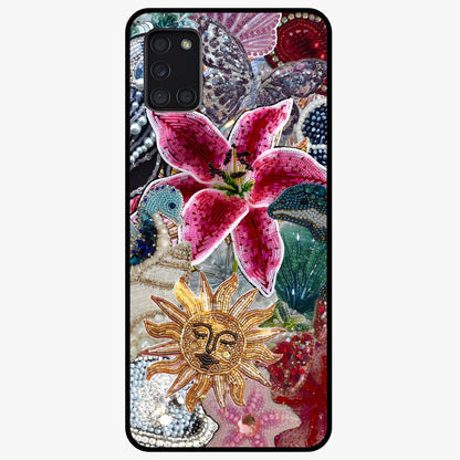 Beaded Garden Fantasy Glass Case showing flat back view with dreamy garden bead artwork and glossy glass finish.