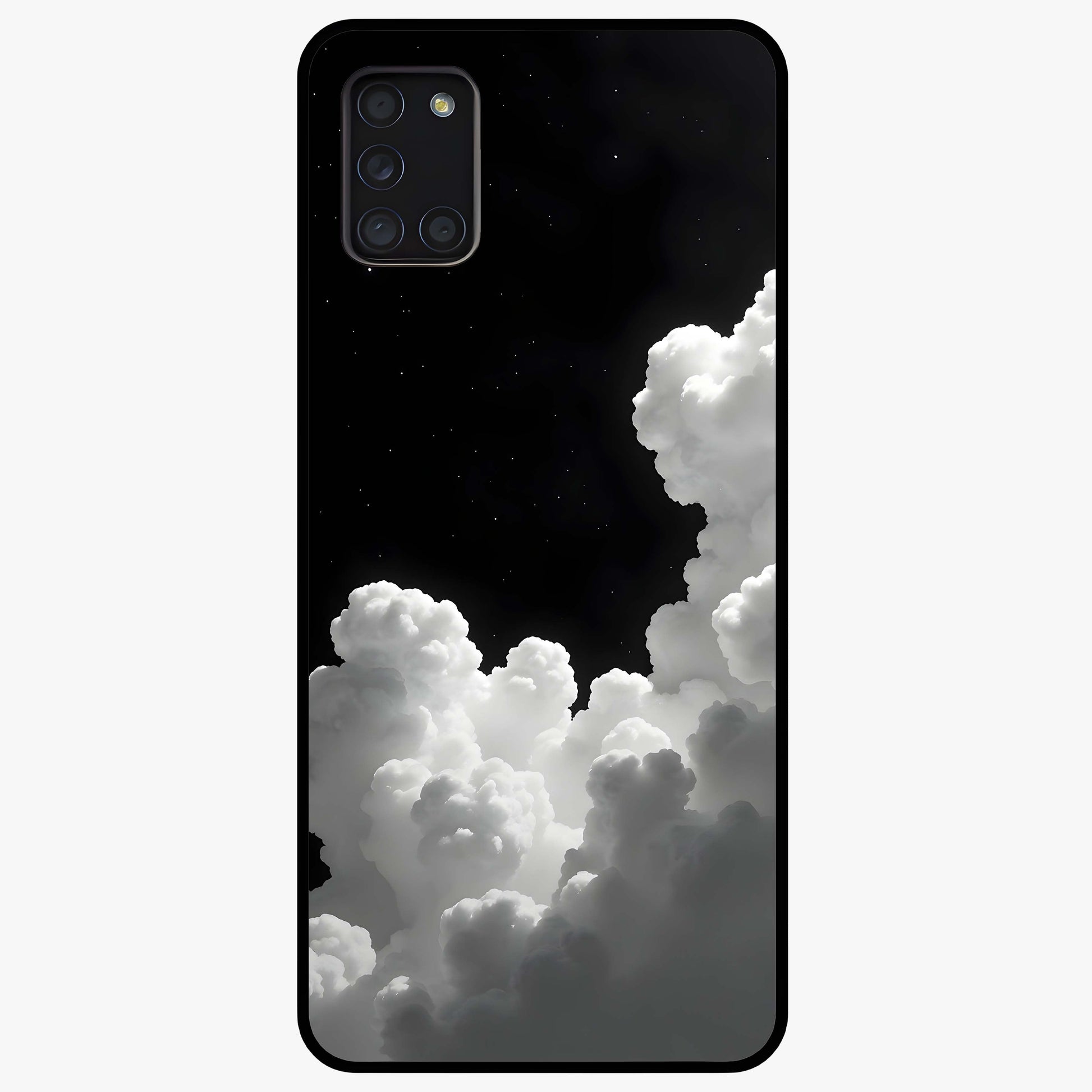 Black Background With White Cloud Glass Case showing flat back view with minimal cloud artwork on dark background and glossy glass finish.