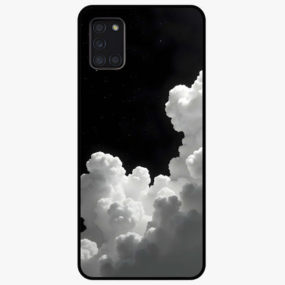 Black Background With White Cloud Glass Case showing flat back view with minimal cloud artwork on dark background and glossy glass finish.