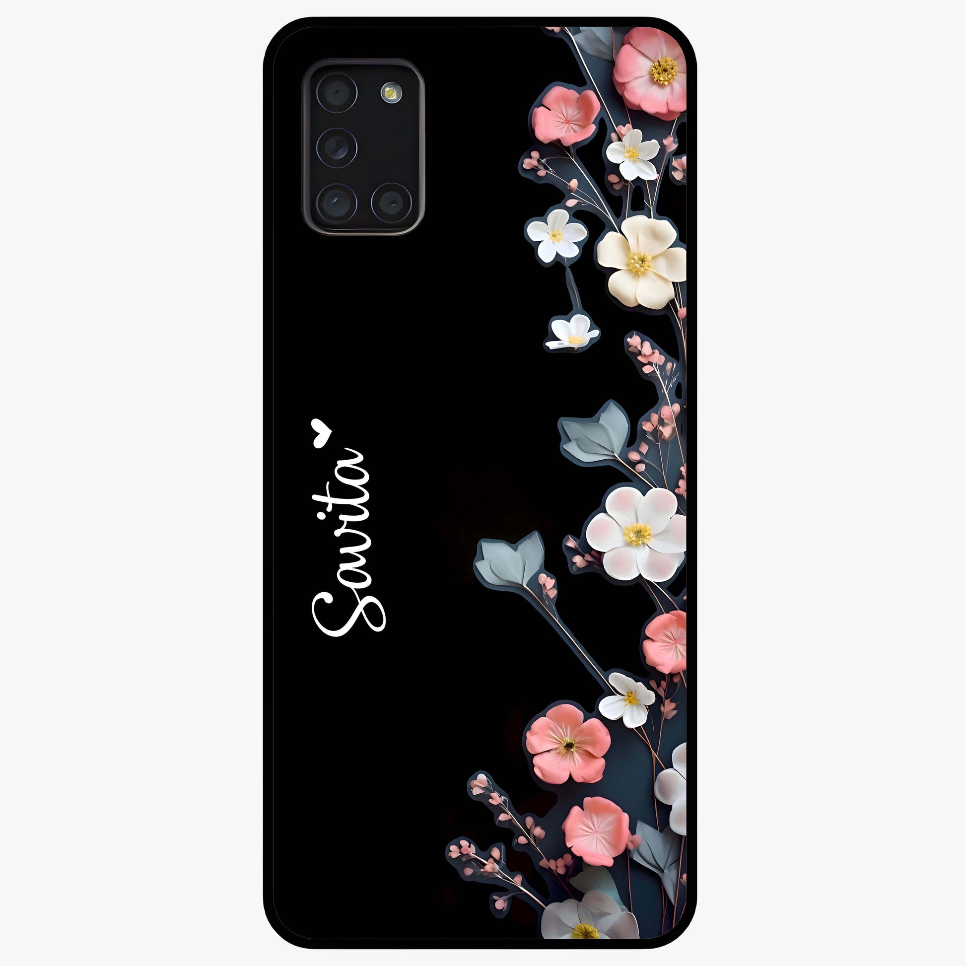 Black Elegance Floral Custom Name Glass Case showing flat back view with elegant floral artwork and personalized name design.