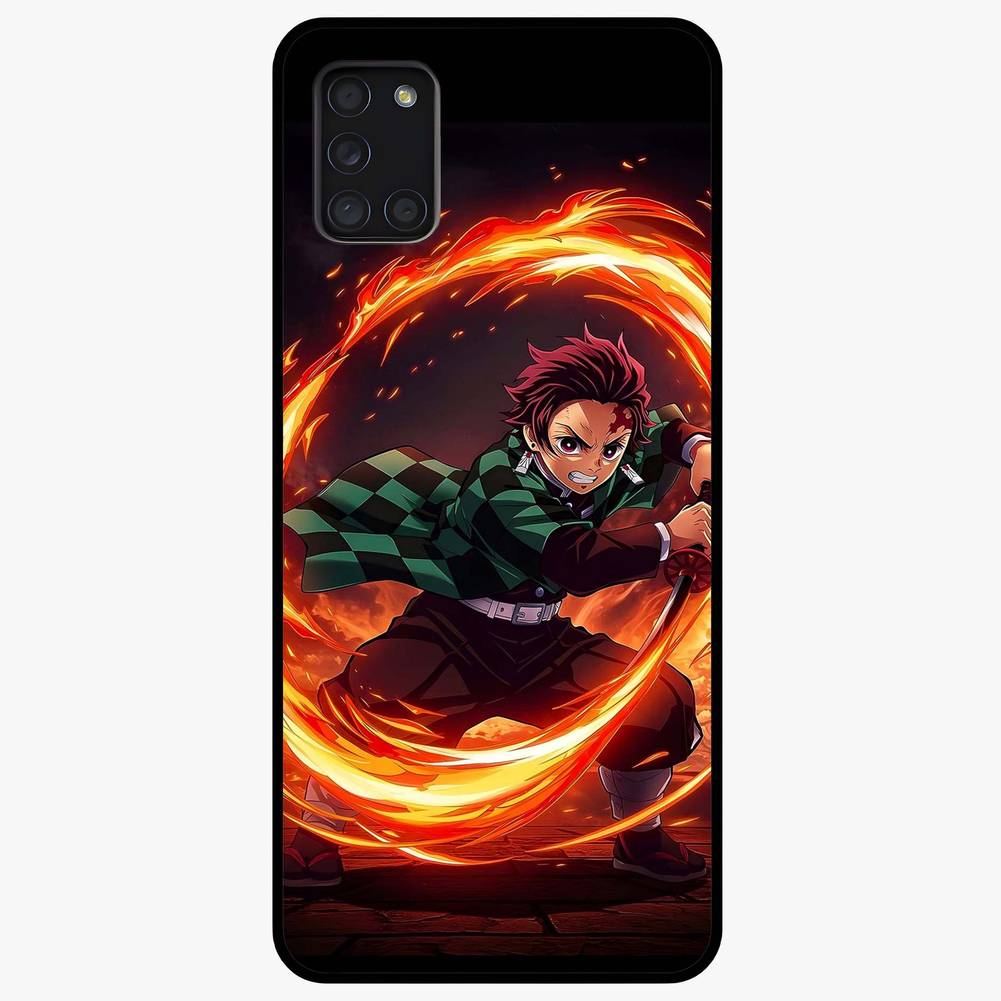 Blazing Sword Resolve Glass Case showing flat back view with fiery sword artwork and glossy glass finish.