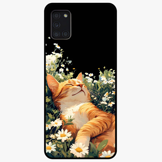 Blissful Bloom Cat Glass Case showing flat back view with cute cat and floral bloom artwork and glossy glass finish.