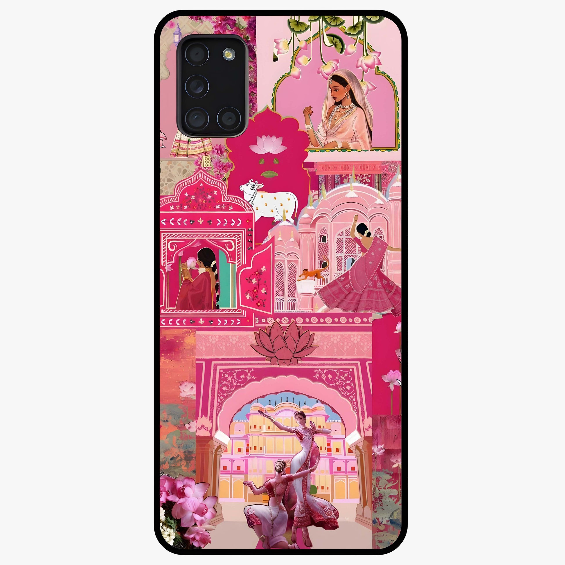 Blossoms of Rajasthan Glass Case showing flat back view with traditional floral artwork inspired by Rajasthan and glossy glass finish.