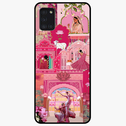 Blossoms of Rajasthan Glass Case showing flat back view with traditional floral artwork inspired by Rajasthan and glossy glass finish.
