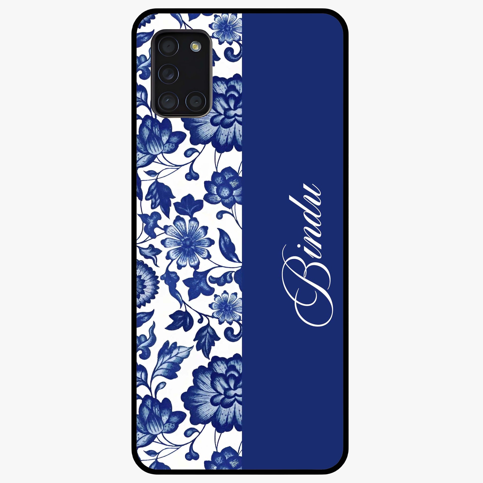 Blue Vintage Floral Pattern Glass Case upright view showcasing timeless floral illustration with vintage inspired style.