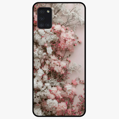 Blush Blossom Cloud Glass Case showing flat back view with dreamy blush cloud blossom artwork and glossy glass finish.