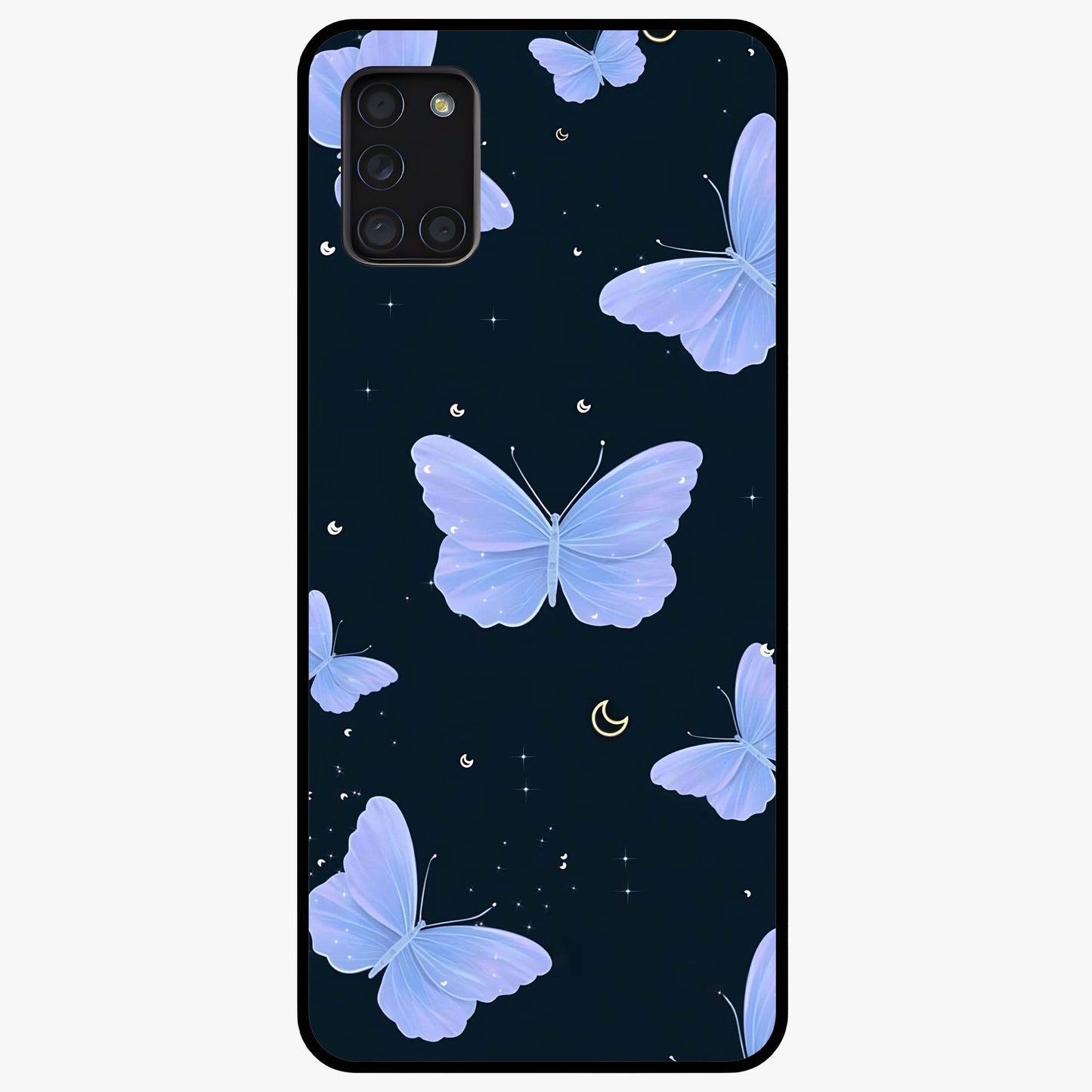 Butterfly With Stars Pattern Glass Case showing flat back view with butterfly and star pattern artwork and glossy glass finish.