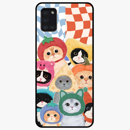 Cats in Fruits Glass Case showing flat back view with playful cat illustrations inside fruit artwork and glossy glass finish.