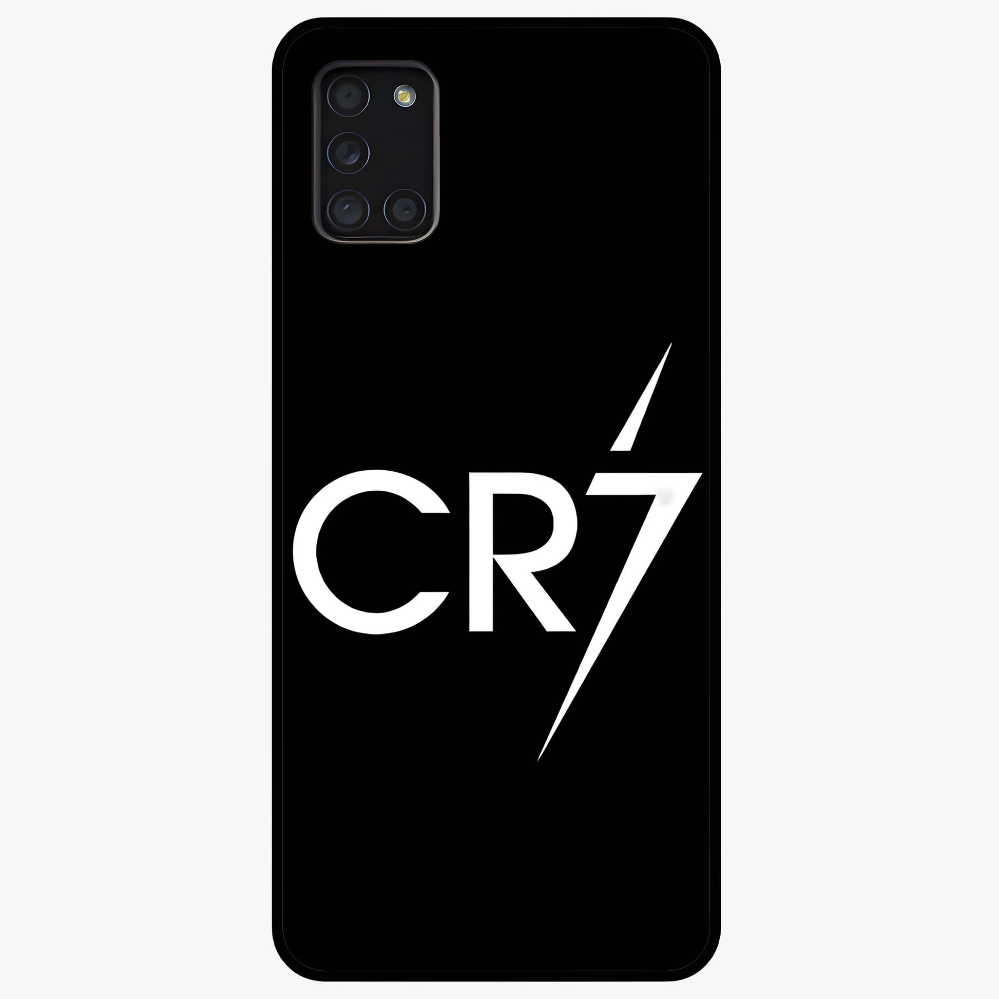 Cr7 Elite Strike Glass Case showing flat back view with dynamic football inspired artwork and glossy glass finish.