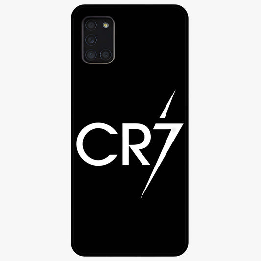 Cr7 Elite Strike Glass Case showing flat back view with dynamic football inspired artwork and glossy glass finish.