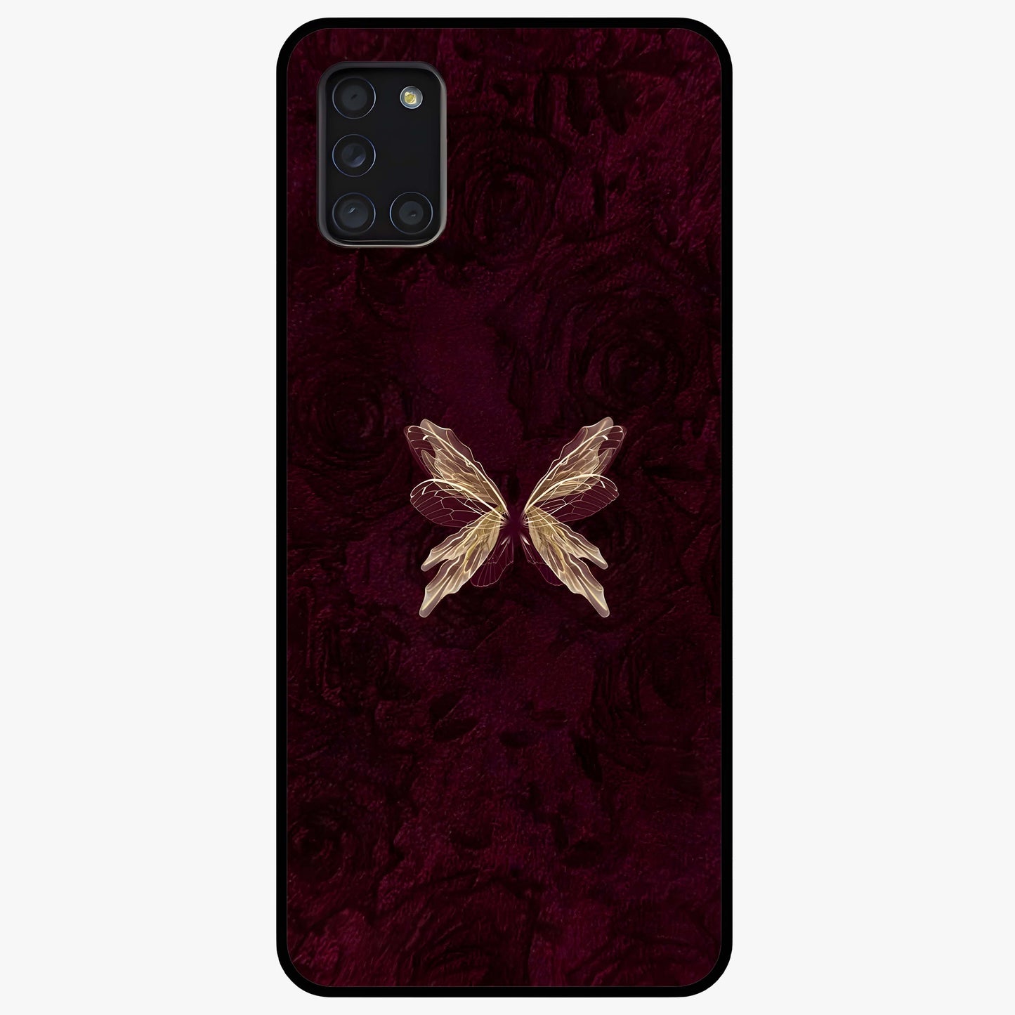 Crimson Fade Butterfly Glass Case showing flat back view with fading butterfly artwork and glossy glass finish.