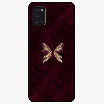 Crimson Fade Butterfly Glass Case showing flat back view with fading butterfly artwork and glossy glass finish.