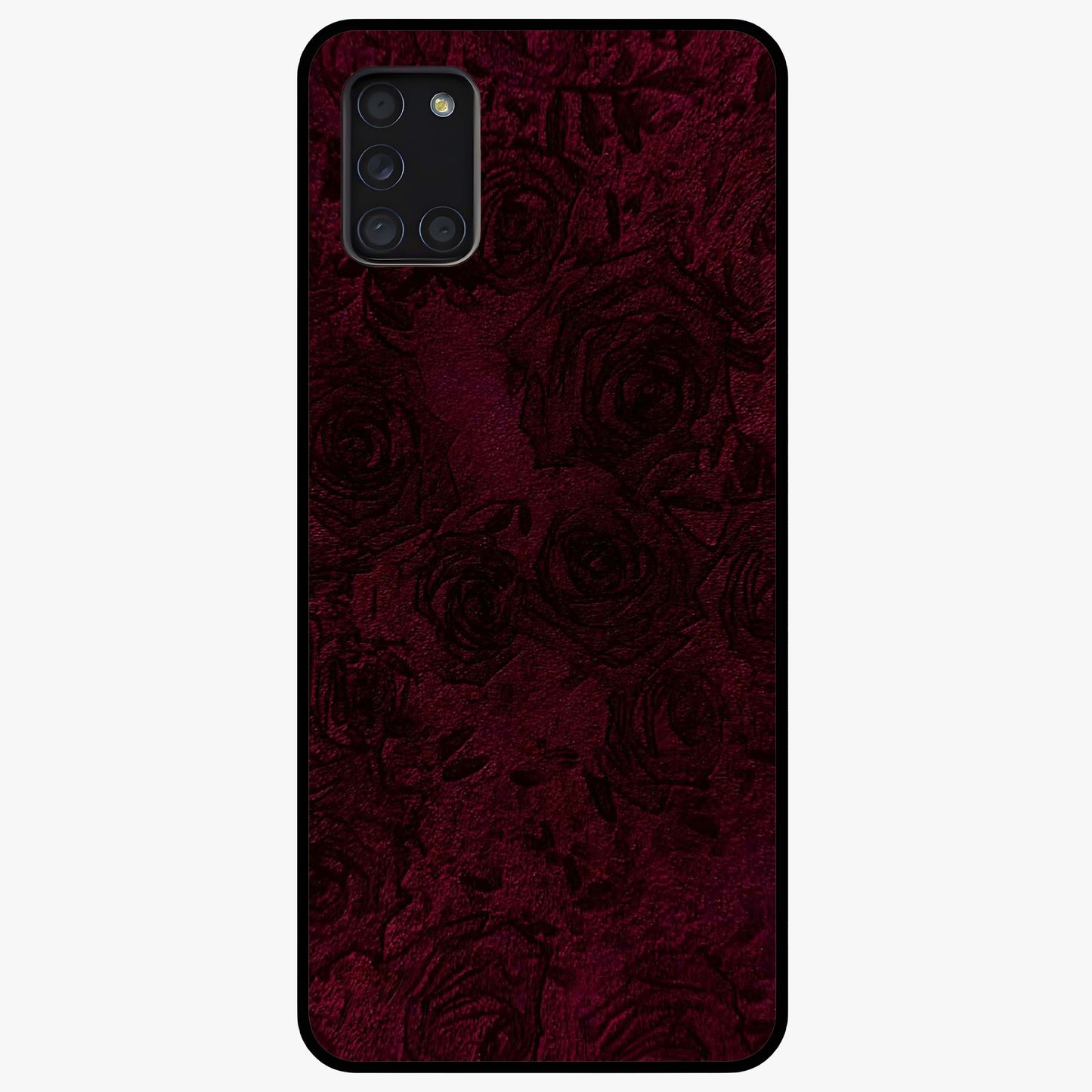 Crimson Fade Flow Glass Case showing flat back view with flowing crimson gradient artwork and glossy glass finish.