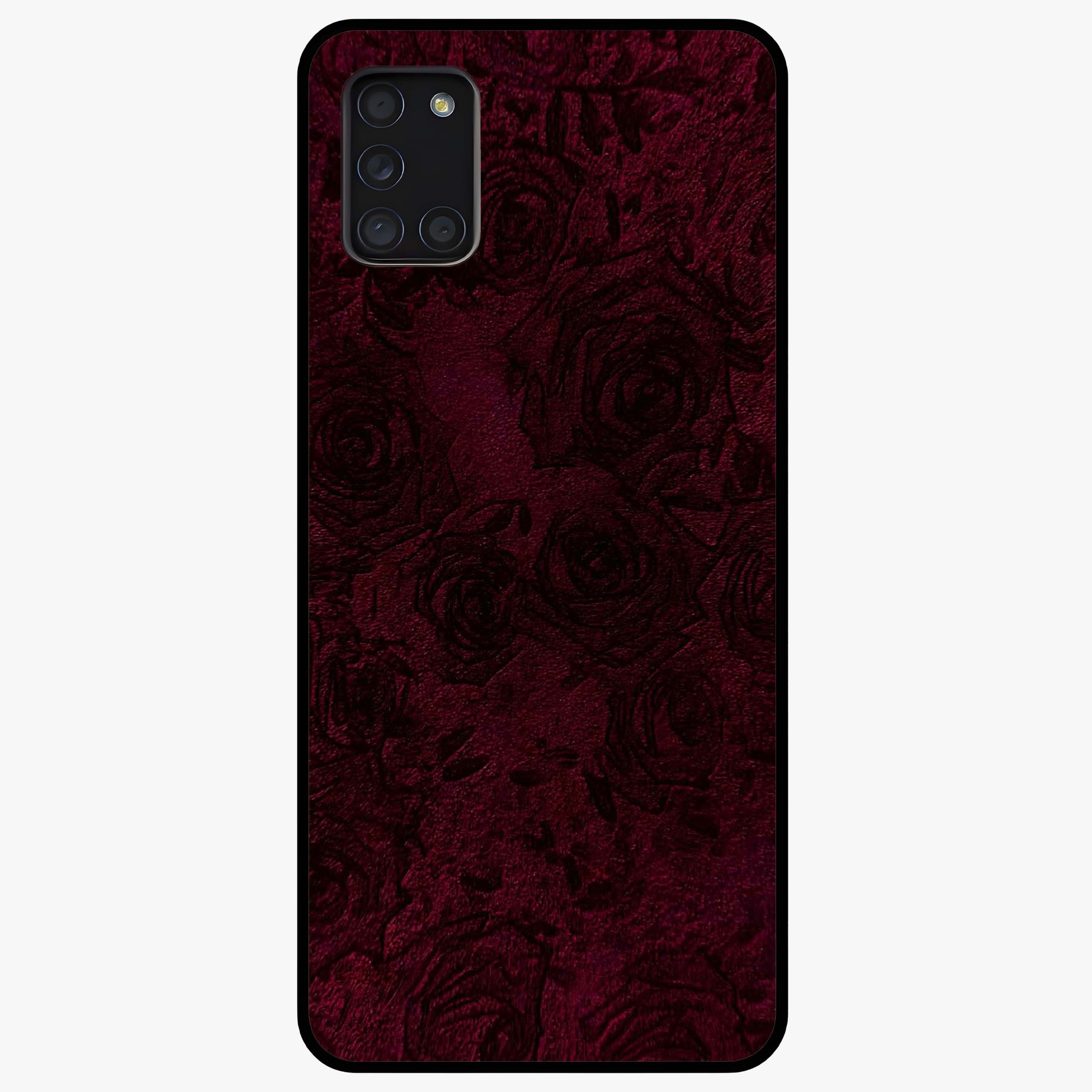 Crimson Fade Flow Glass Case showing flat back view with flowing crimson gradient artwork and glossy glass finish.
