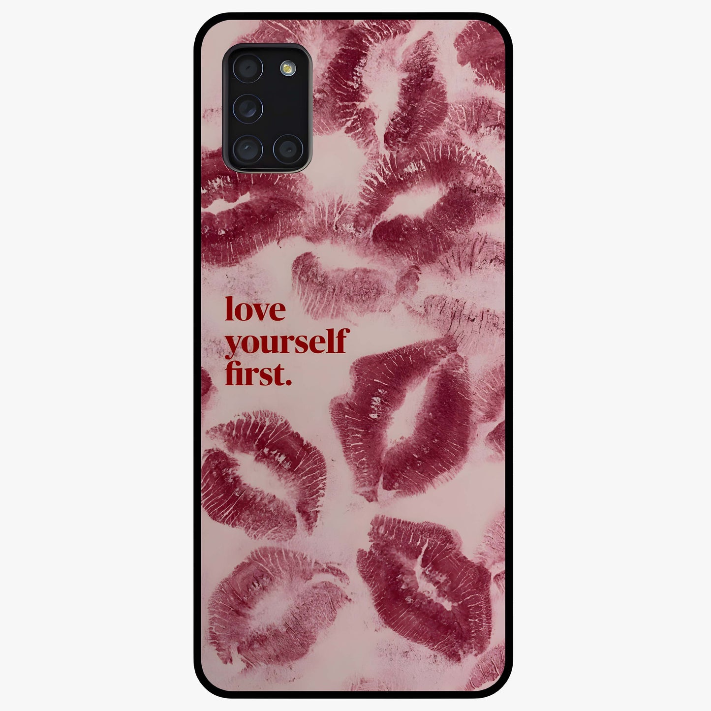 Crimson Kiss Love Glass Case showing flat back view with romantic crimson themed artwork and glossy glass finish.
