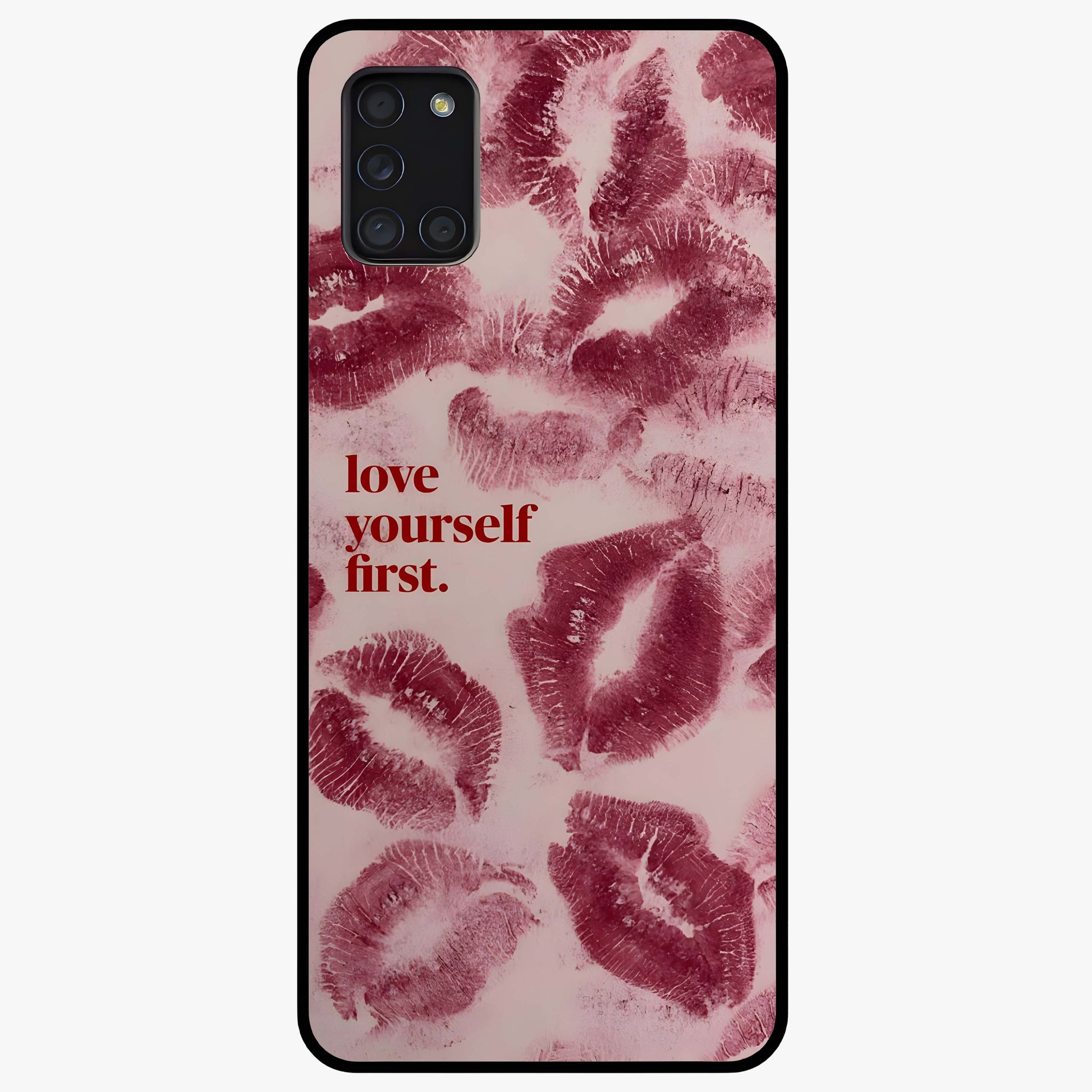 Crimson Kiss Love Glass Case showing flat back view with romantic crimson themed artwork and glossy glass finish.