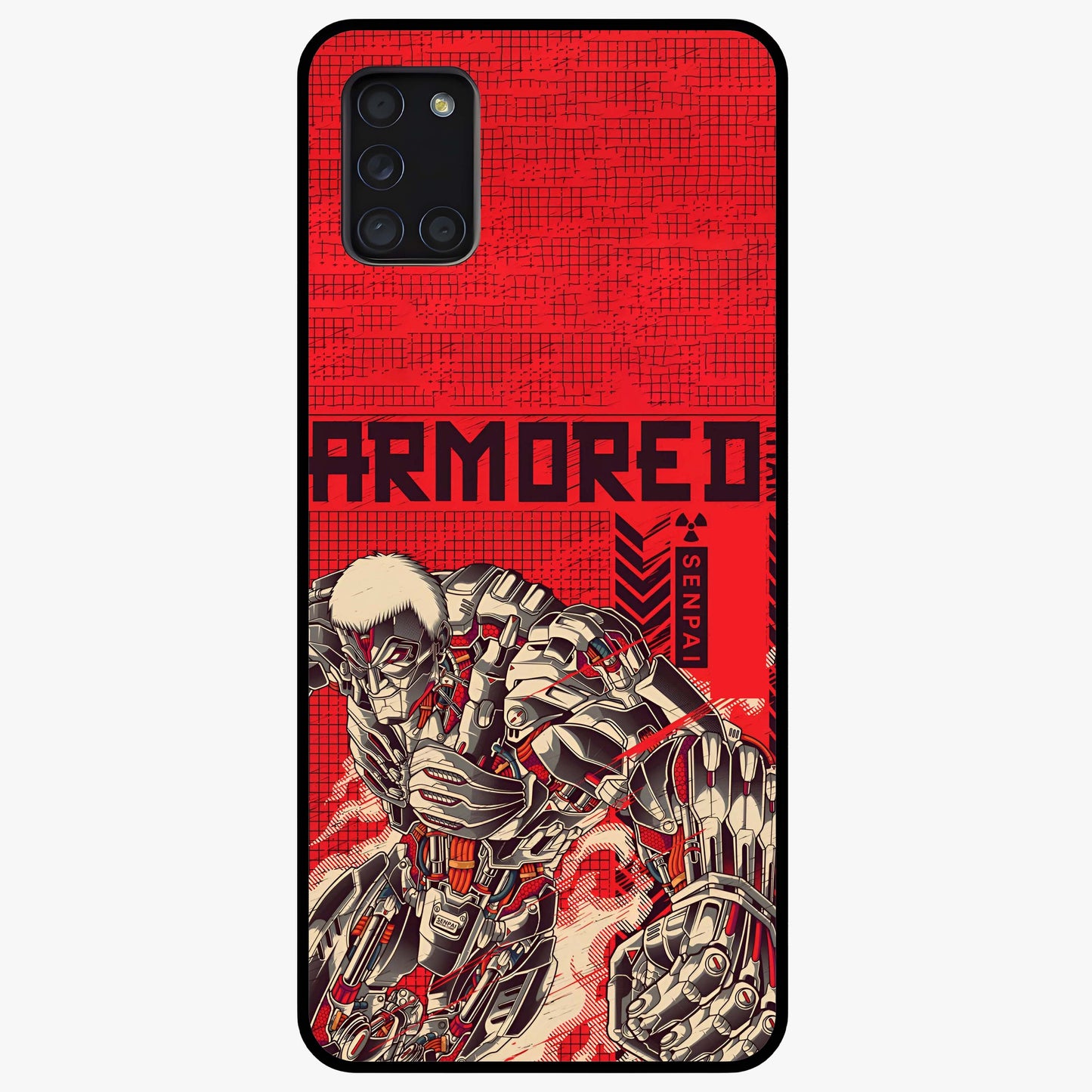 Crimson Mecha Titan Glass Case showing flat back view with powerful mech titan artwork and glossy glass finish.