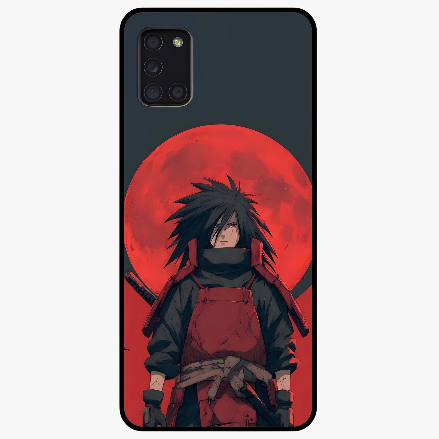 Crimson Moon Warlord Glass Case showing flat back view with mystical moon warrior artwork and glossy glass finish.