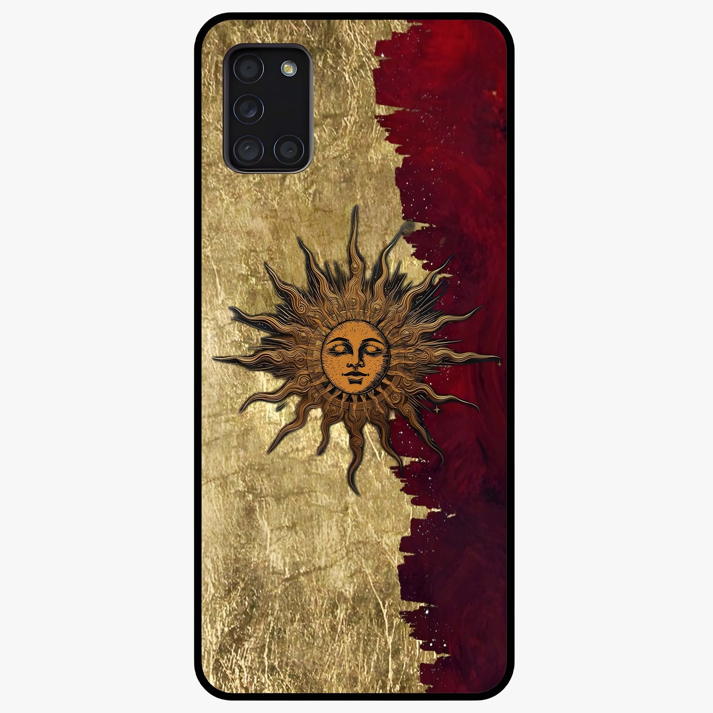 Crimson Sun Majesty Glass Case showing flat back view with radiant sun inspired artwork and glossy glass finish.