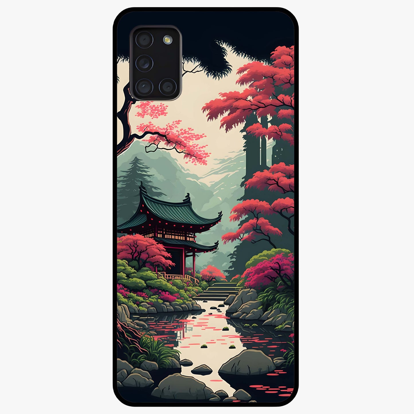 Crimson Temple View Glass Case showing flat back view with temple inspired artwork and glossy glass finish.