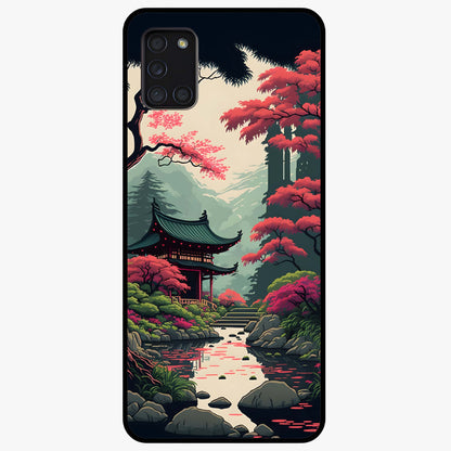 Crimson Temple View Glass Case showing flat back view with temple inspired artwork and glossy glass finish.