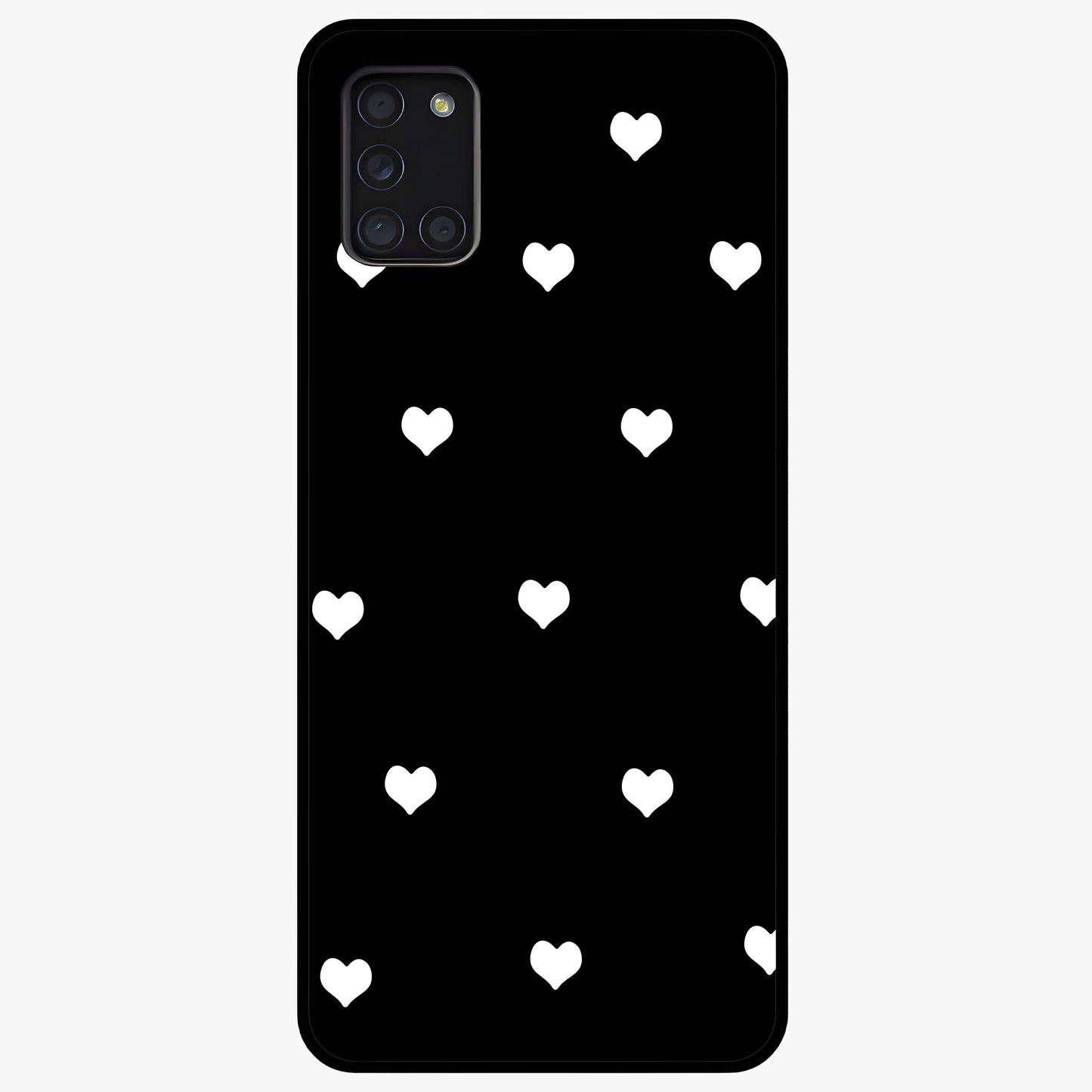 Cute And Simple White Hearts Glass Case showing flat back view with minimal white heart pattern and glossy glass finish.