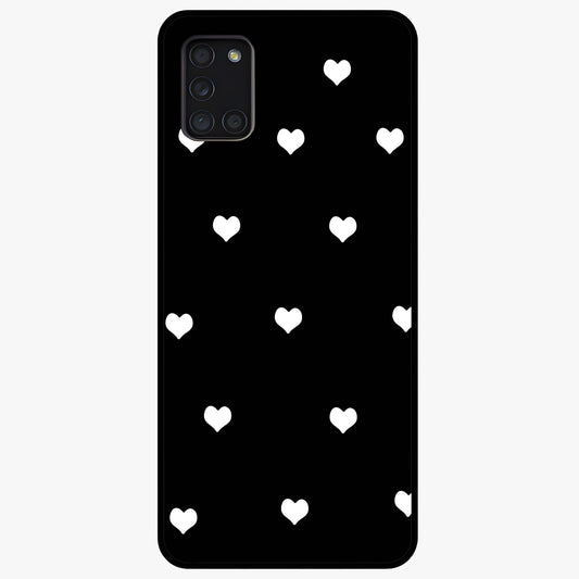 Cute And Simple White Hearts Glass Case showing flat back view with minimal white heart pattern and glossy glass finish.