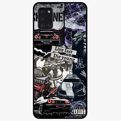 Die Young Glass Case showing flat back view with bold artistic typography design and glossy glass finish.
