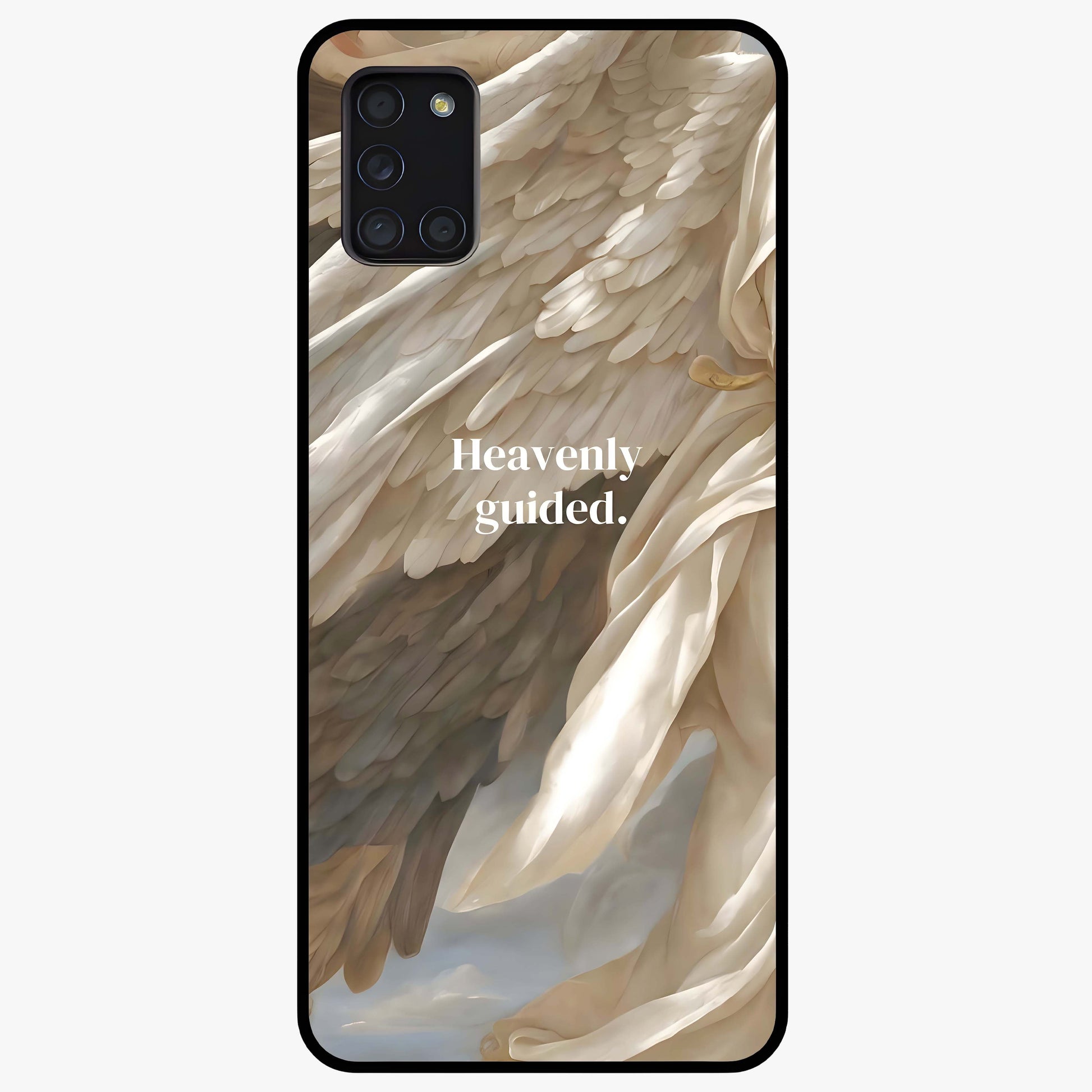 Divine Winged Grace Glass Case showing flat back view with elegant wing inspired artwork and glossy glass finish.