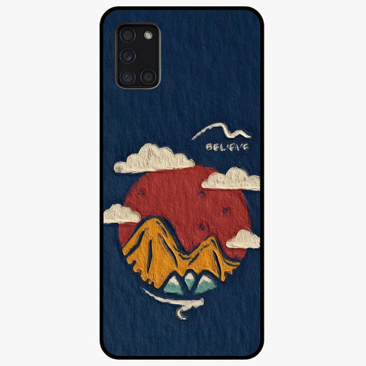 Dream Beyond Mountains Glass Case showing flat back view with scenic mountain landscape artwork and glossy glass finish.