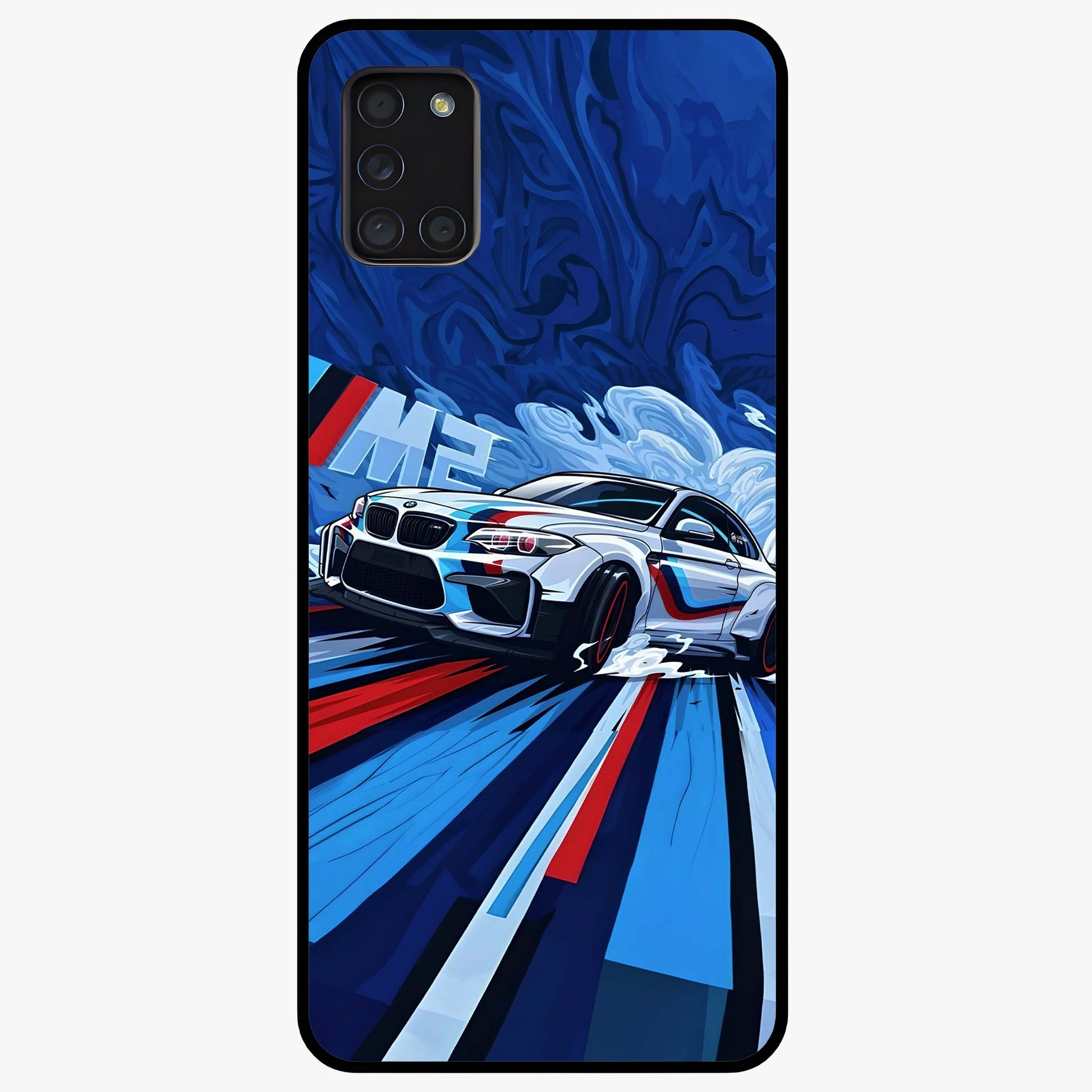 Drift Power Rush Glass Case showing flat back view with dynamic racing inspired artwork and glossy glass finish.