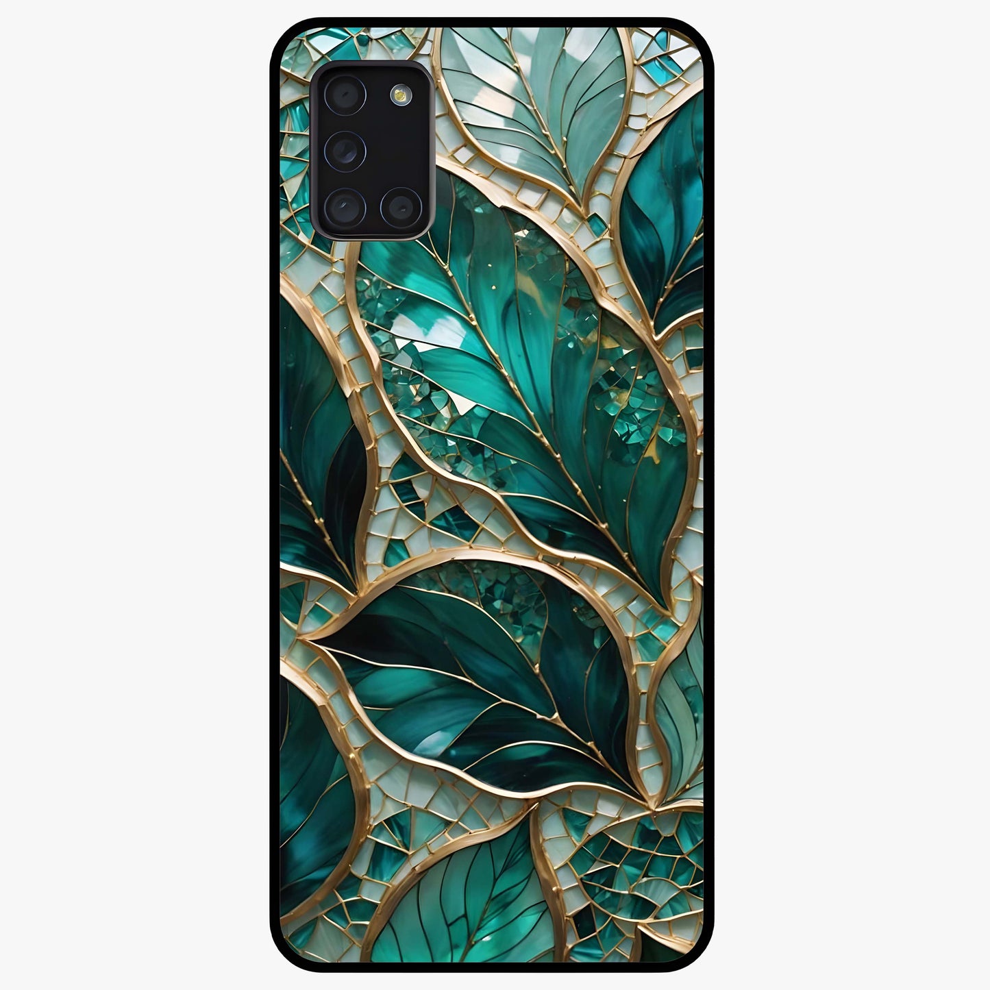 Emerald Leaf Glass Glass Case showing flat back view with emerald green leaf artwork and glossy glass finish.