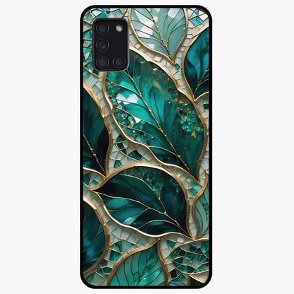 Emerald Leaf Glass Glass Case showing flat back view with emerald green leaf artwork and glossy glass finish.