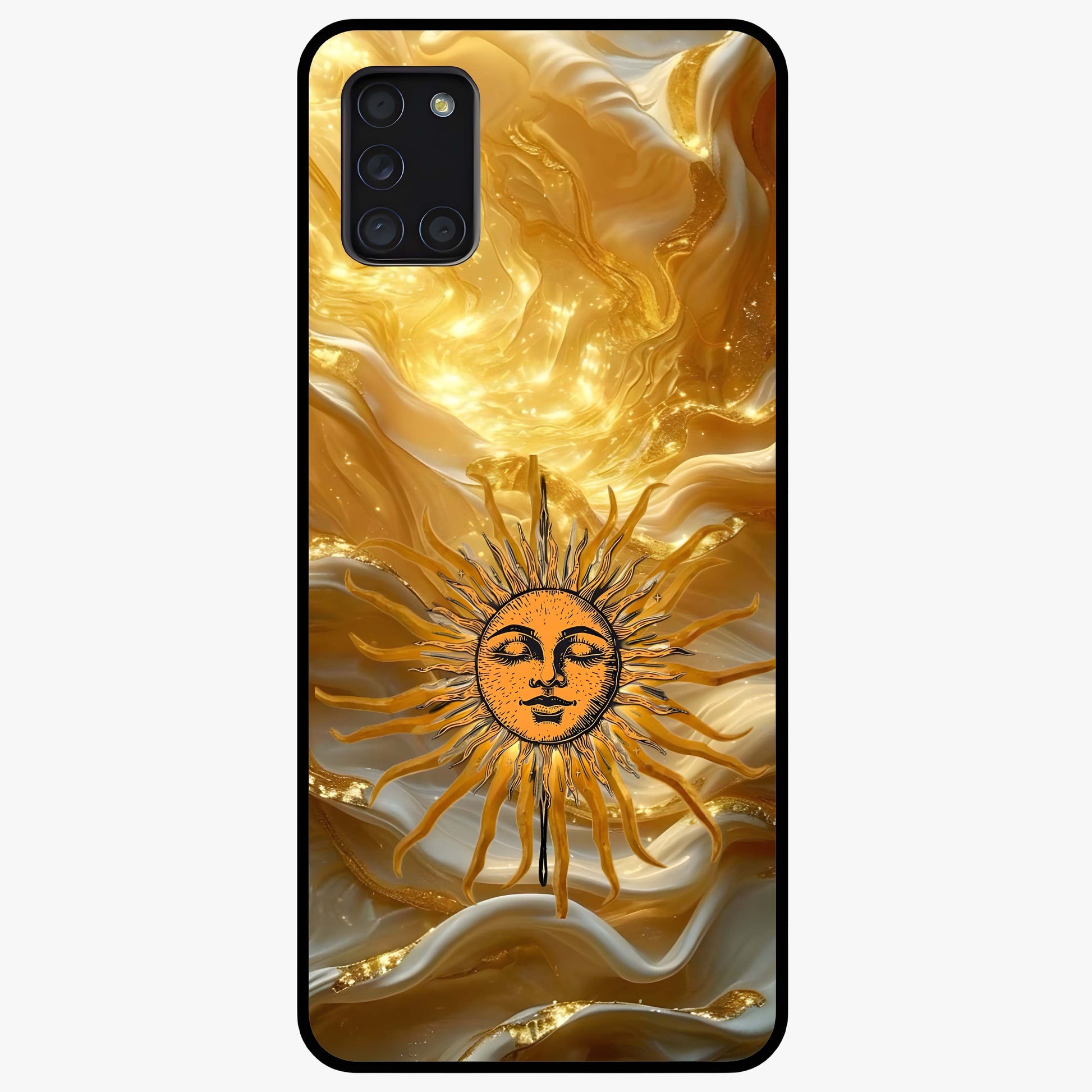 Eternal Golden Glow Glass Case showing flat back view with radiant golden themed artwork and glossy glass finish.