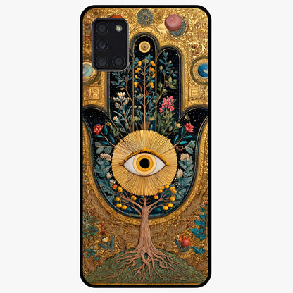 Ethereal Evil Eye Glass Case showing flat back view with mystical evil eye artwork and glossy glass finish.