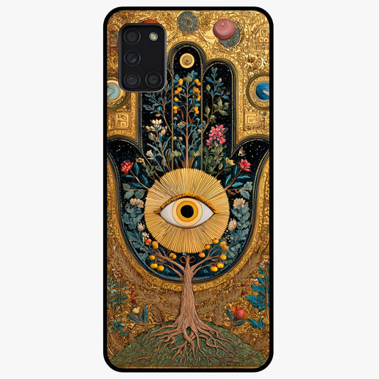 Ethereal Evil Eye Glass Case showing flat back view with mystical evil eye artwork and glossy glass finish.