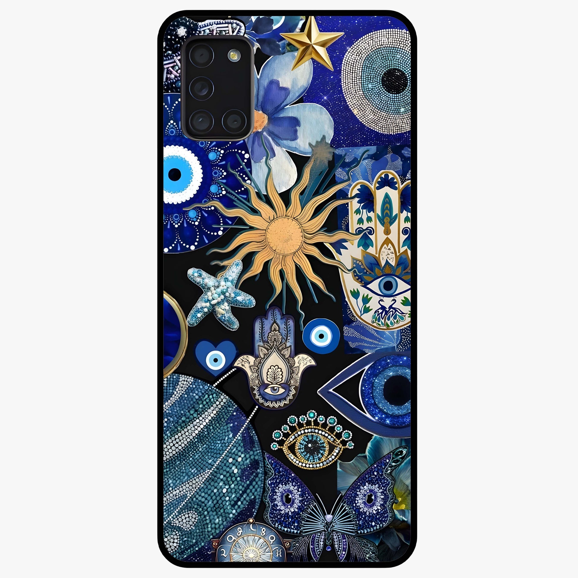 Evil Eye Charm Mix Glass Case showing flat back view with multiple evil eye charms artwork and glossy glass finish.
