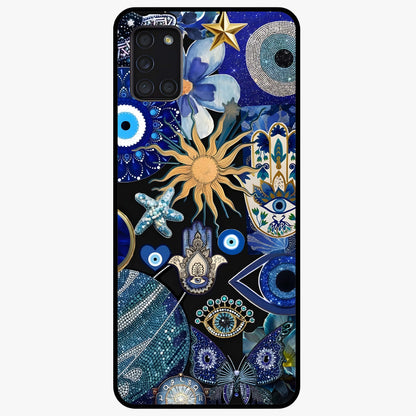 Evil Eye Charm Mix Glass Case showing flat back view with multiple evil eye charms artwork and glossy glass finish.