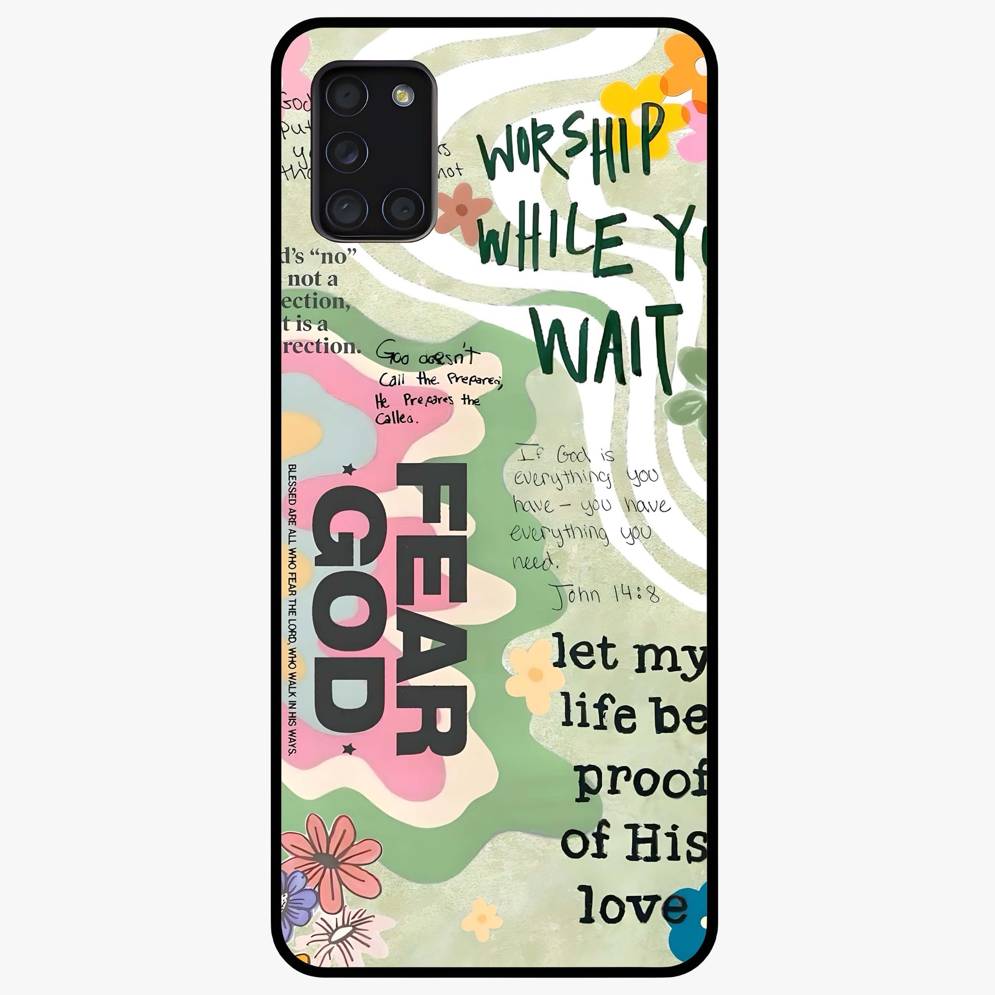 Faith Over Fear Glass Case showing flat back view with motivational typography artwork and glossy glass finish.