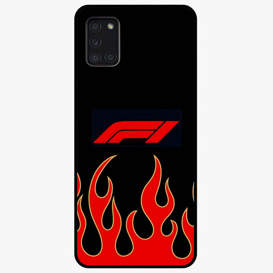 Fire F11 Glass Case showing flat back view with fiery themed artwork and glossy glass finish.
