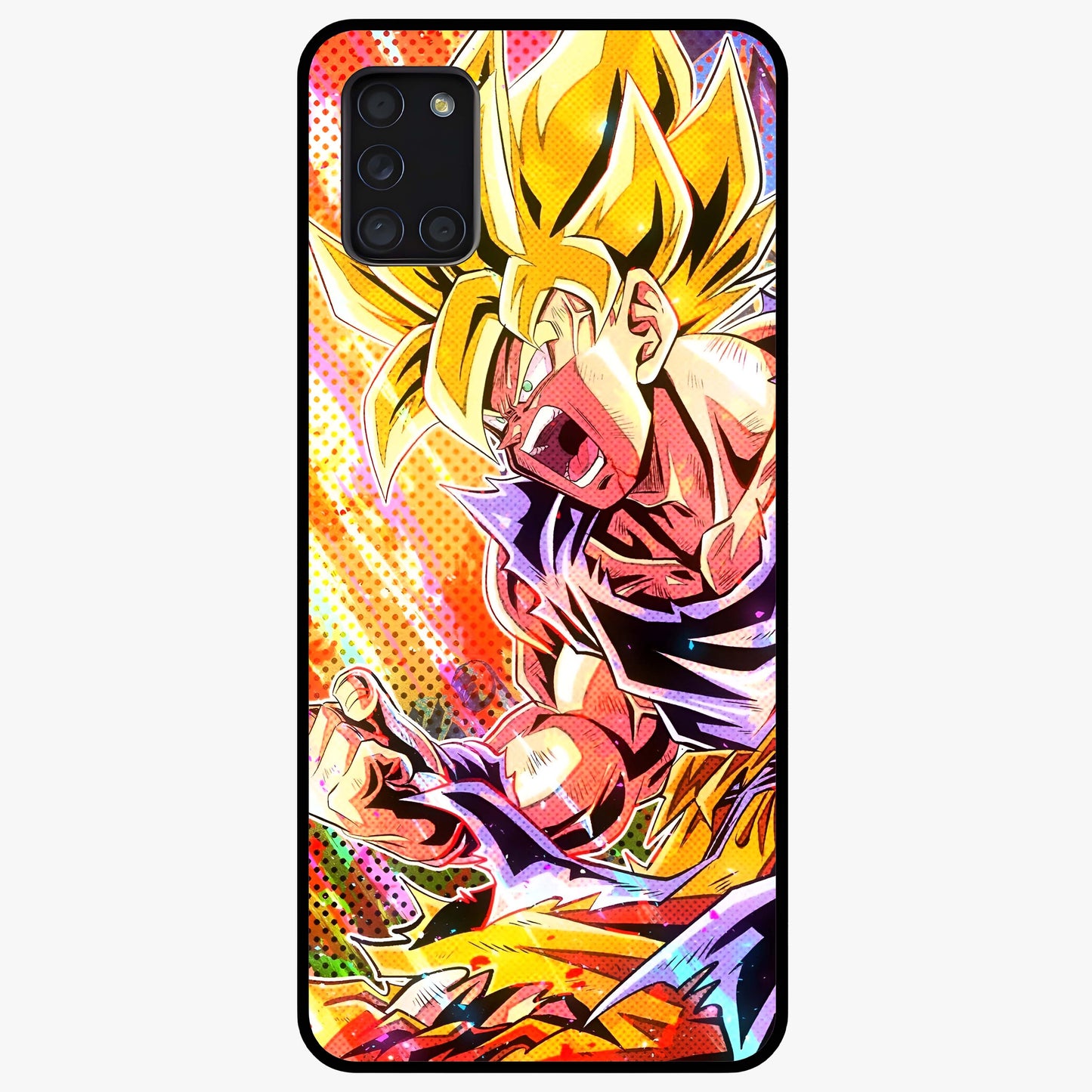 Firing Goku Glass Case showing flat back view with powerful anime inspired artwork and glossy glass finish.