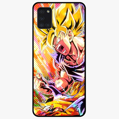 Firing Goku Glass Case showing flat back view with powerful anime inspired artwork and glossy glass finish.