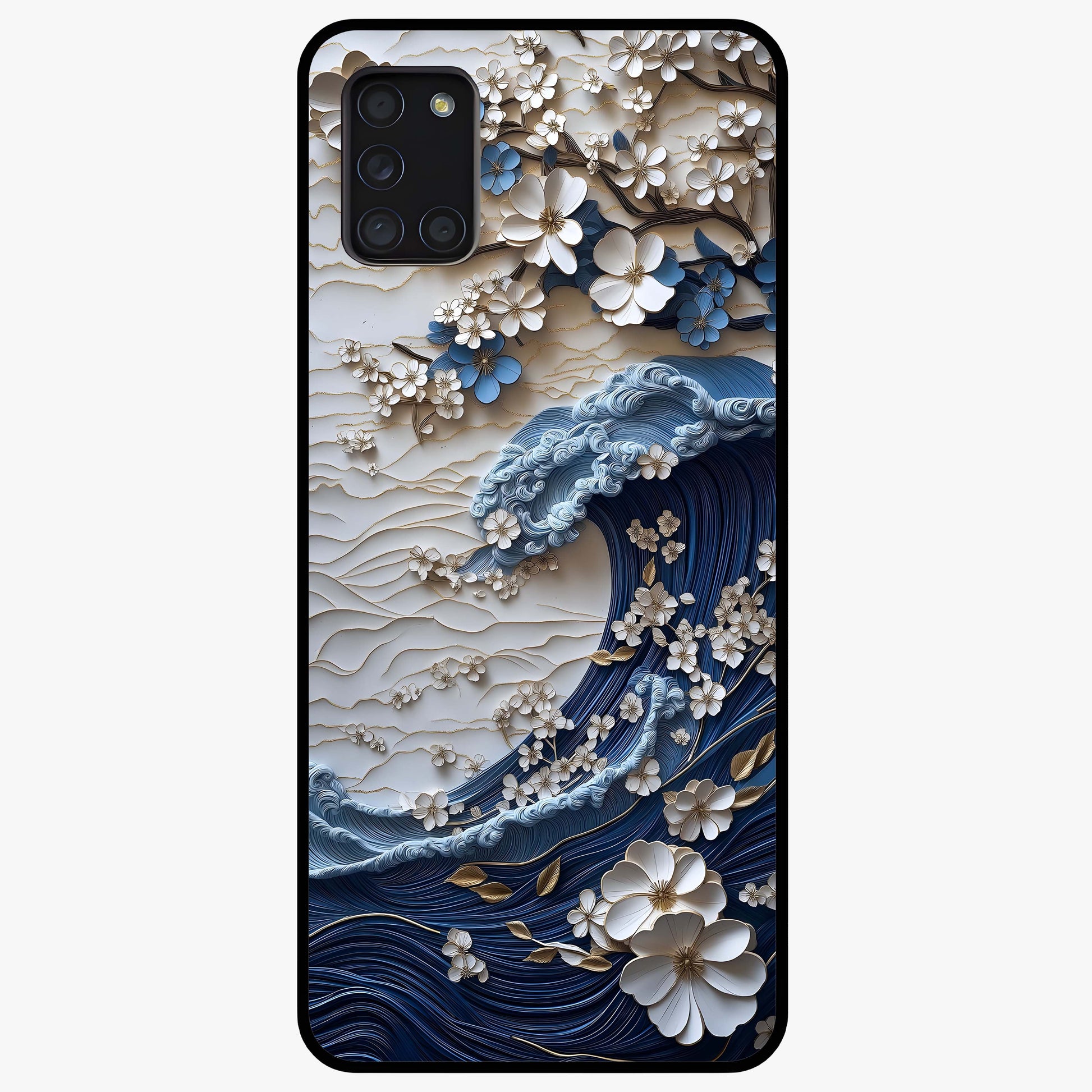 Floral Wave Origami Glass Case showing flat back view with origami inspired floral wave artwork and glossy glass finish.